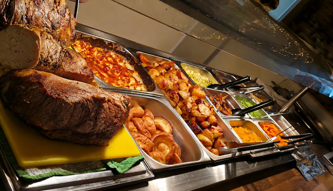Traditional carvery at The Quintrell Inn near Newquay with roast meats, Yorkshire puddings, roast potatoes and vegetables