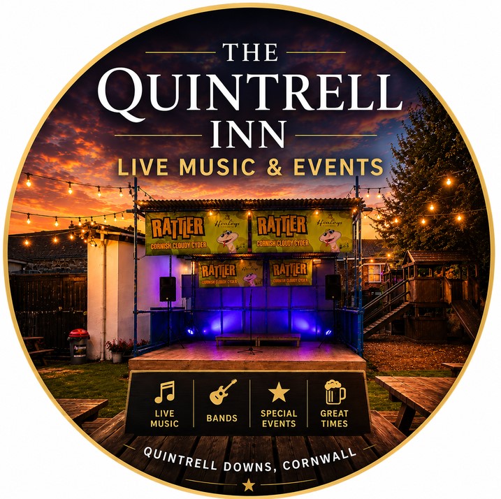 The Quintrell Inn Live Music & Events WhatsApp Channel featuring the outdoor stage and beer garden in Quintrell Downs near Newquay, Cornwall.